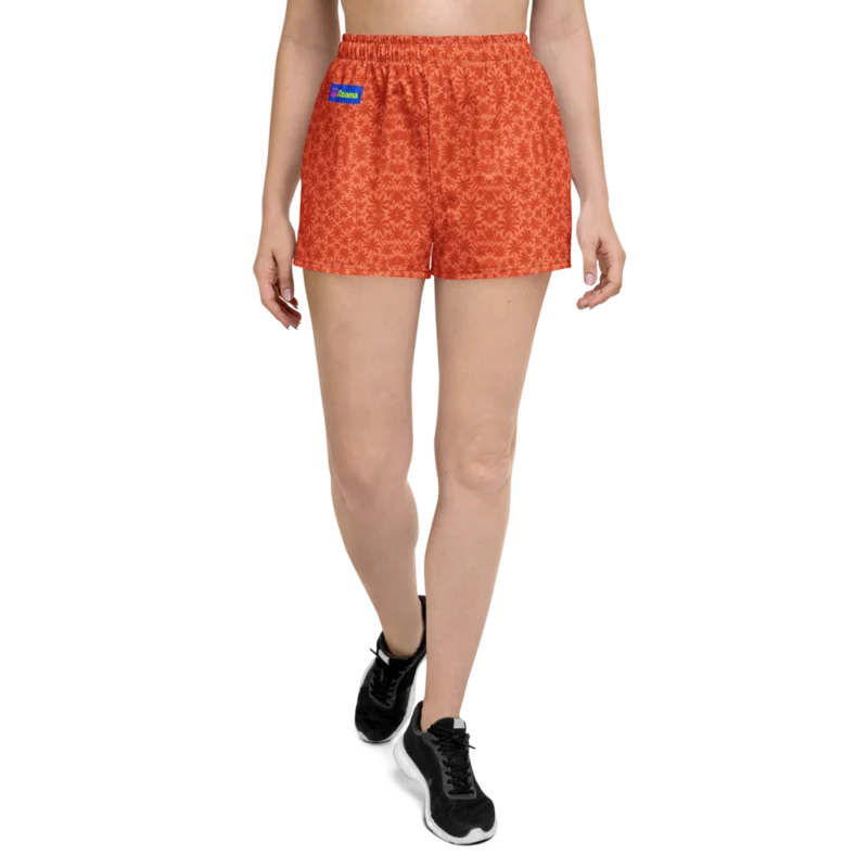 Adult athletic shorts — Palm Afterglow · fine print · lime logo, supplier mockup
