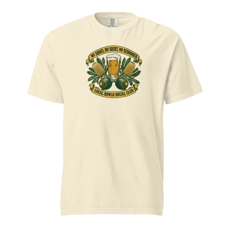 No Shoes, No Shirt, No Schooner heavyweight tee — Aussie coastal club, Ivory, supplier product mockup