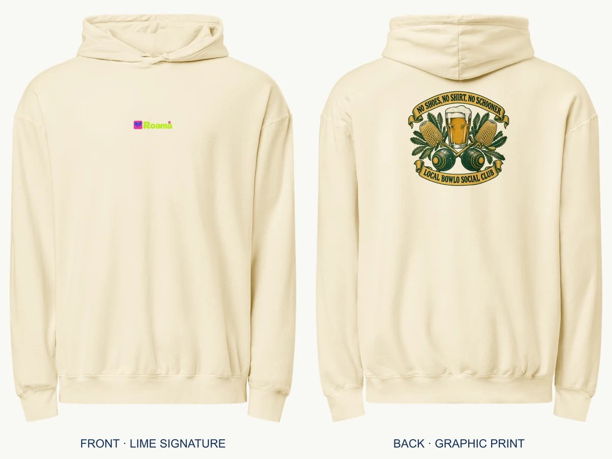No Shoes, No Shirt, No Schooner hoodie — Aussie coastal club, Ivory, supplier product mockup