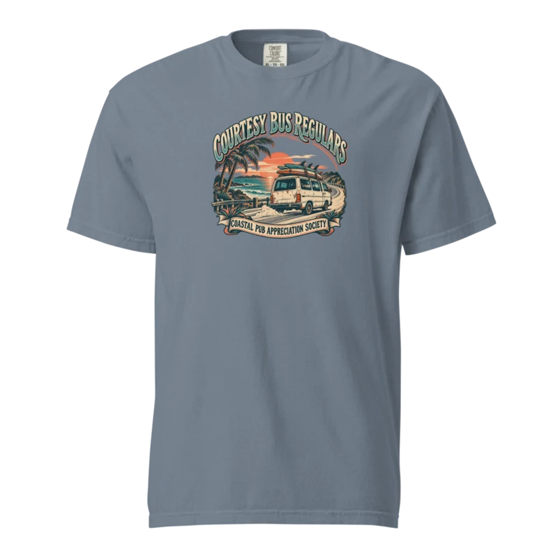 Courtesy Bus Regulars heavyweight tee — Aussie coastal club, Blue Jean, supplier product mockup