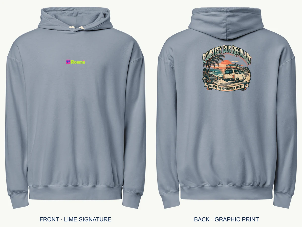 Courtesy Bus Regulars hoodie — Aussie coastal club, Blue Jean, supplier product mockup