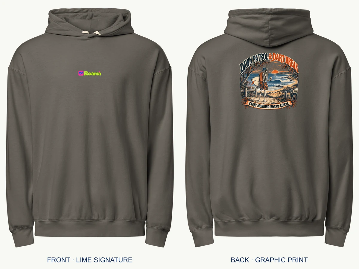 Dawn Patrol & Dart Break hoodie — Aussie coastal club, Pepper, supplier product mockup