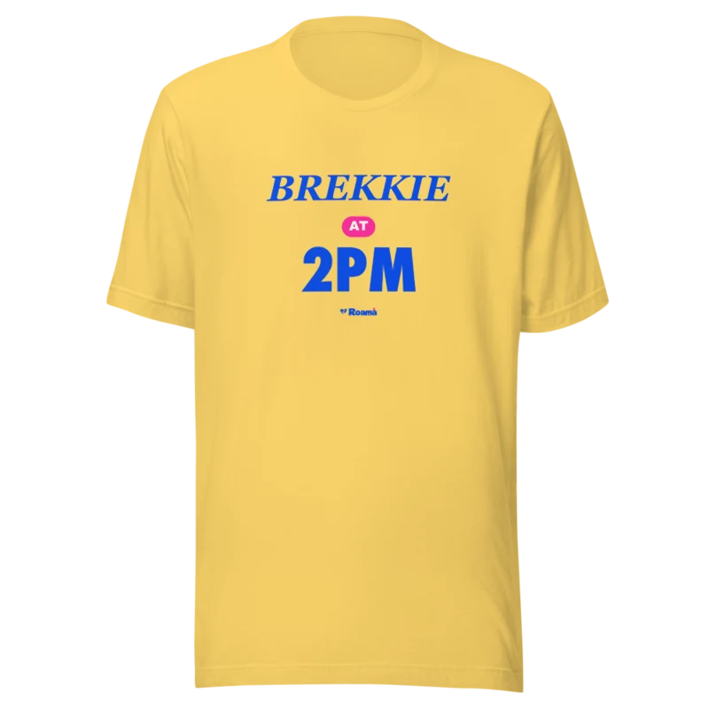Brekkie At 2pm tee — Aussie sayings, Yellow, supplier product mockup