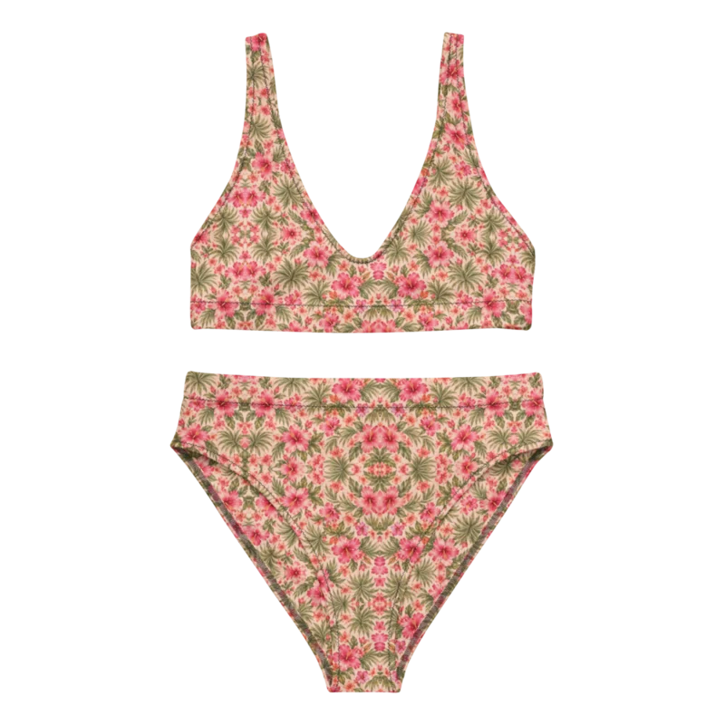 Recycled high-waisted bikini — Hibiscus Hour · fine print · lime logo, supplier mockup