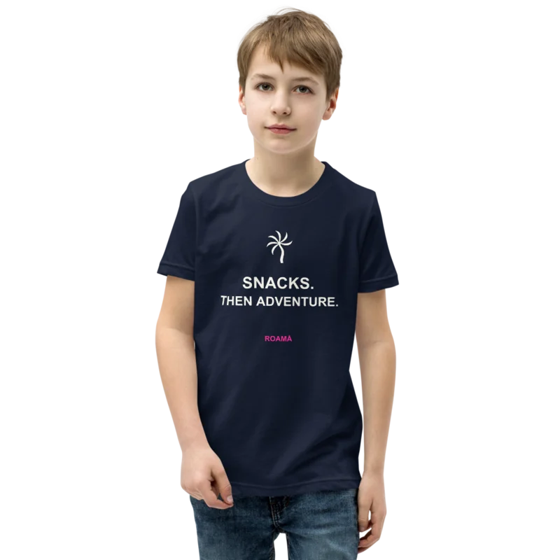 Kids quote tee in Snacks. Then adventure. · Navy, Navy — supplier product mockup