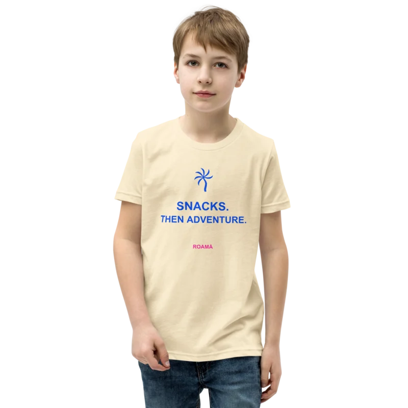 Kids quote tee in Snacks. Then adventure. · Natural, Natural — supplier product mockup
