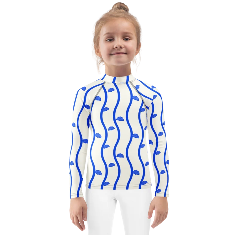 Kids rash guard in Shell Detour, Cobalt & cream — supplier product mockup