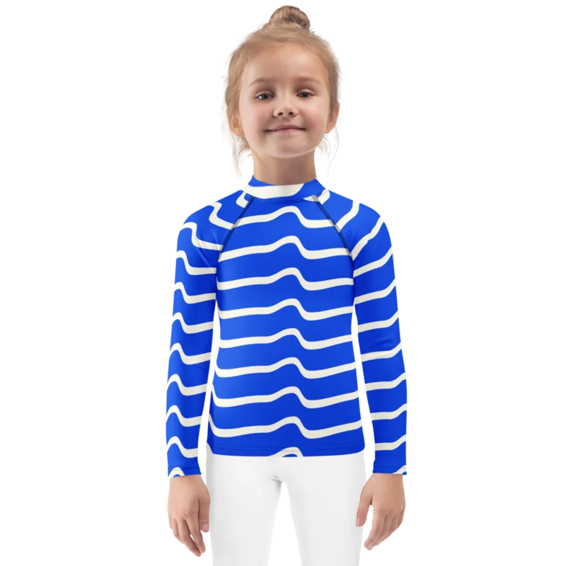 Kids rash guard in Coastal Current, Cobalt & cream — supplier product mockup