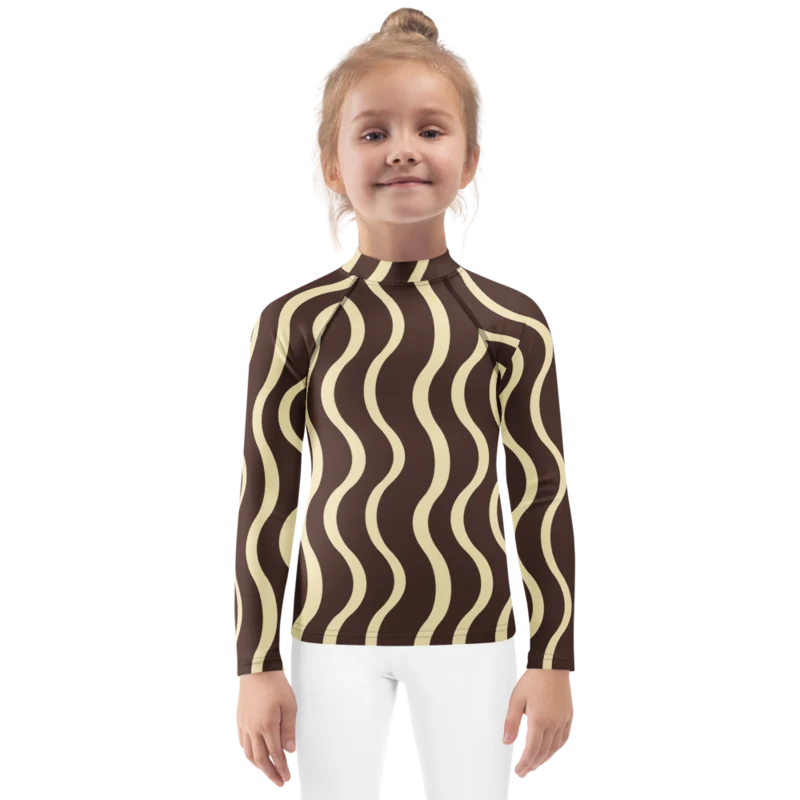 Kids rash guard in The Long Way, Chocolate & buttermilk — supplier product mockup