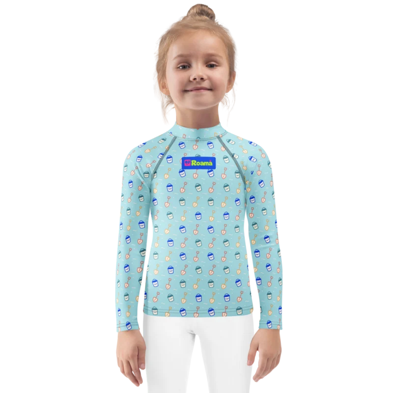 Little roamers rashguard — Bucket & Spade · Blue · fine print · lime logo, supplier mockup