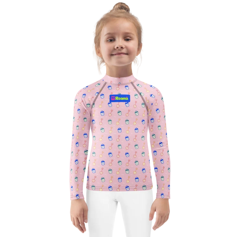 Little roamers rashguard — Bucket & Spade · Pink · fine print · lime logo, supplier mockup