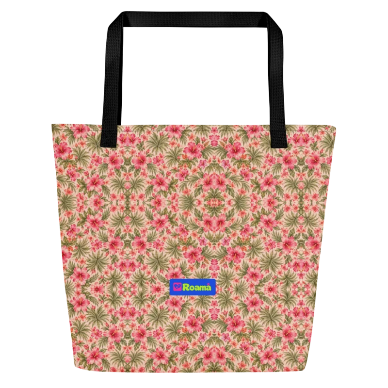 Roomy all-over tote — Hibiscus Hour · fine print · lime logo, supplier mockup