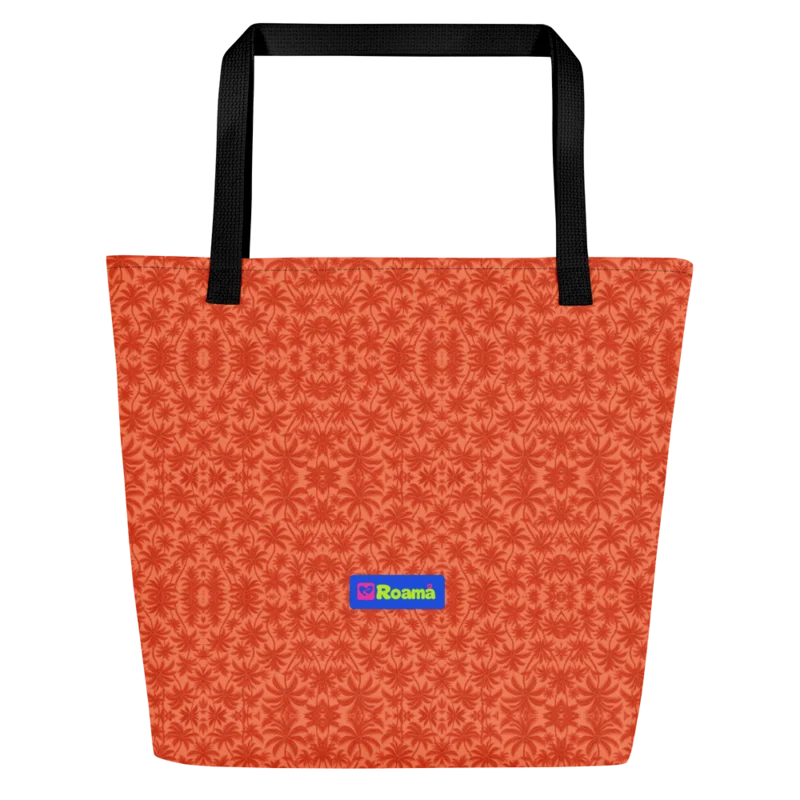 Roomy all-over tote — Palm Afterglow · fine print · lime logo, supplier mockup