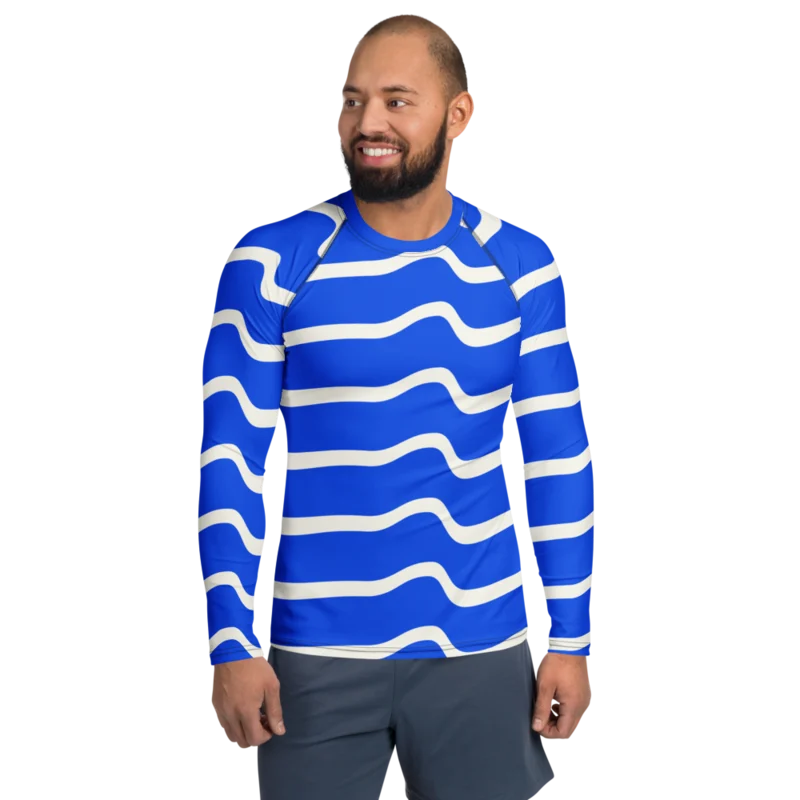 Men’s rash guard in Coastal Current, Cobalt & cream — supplier product mockup