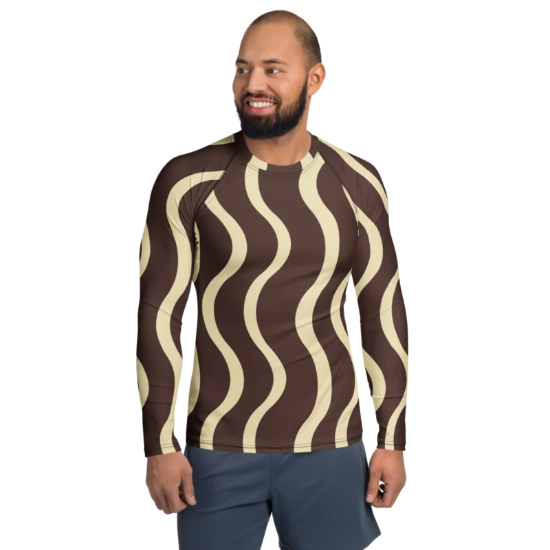 Men’s rash guard in The Long Way, Chocolate & buttermilk — supplier product mockup
