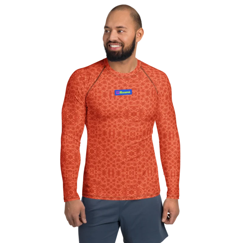 Men’s long-sleeve rashguard — Palm Afterglow · fine print · lime logo, supplier mockup