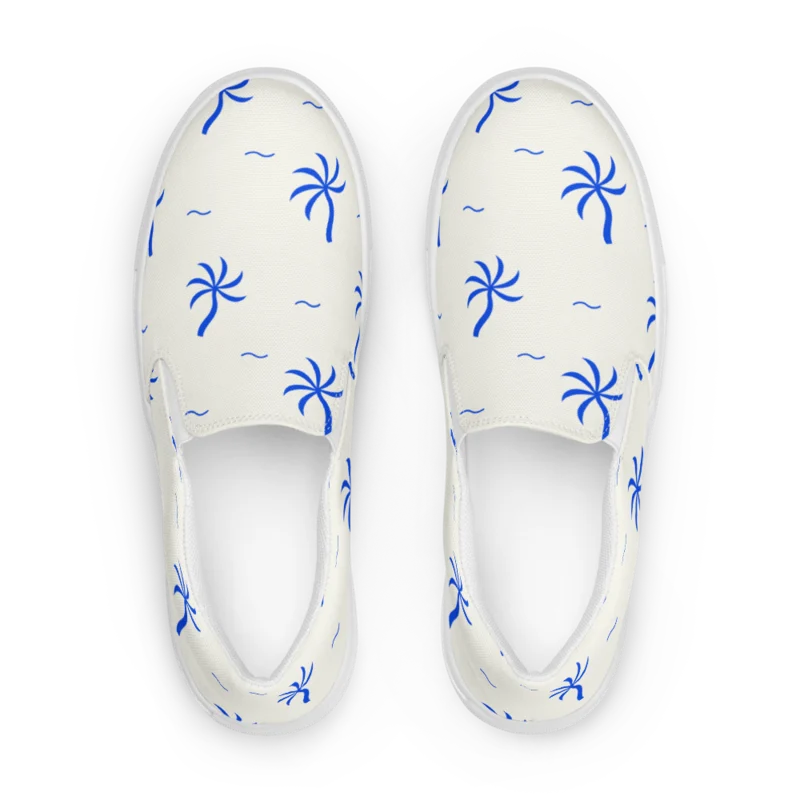 Men’s canvas slip-ons in Palm Detour Cobalt-Cream, Cobalt & Cream — supplier product mockup