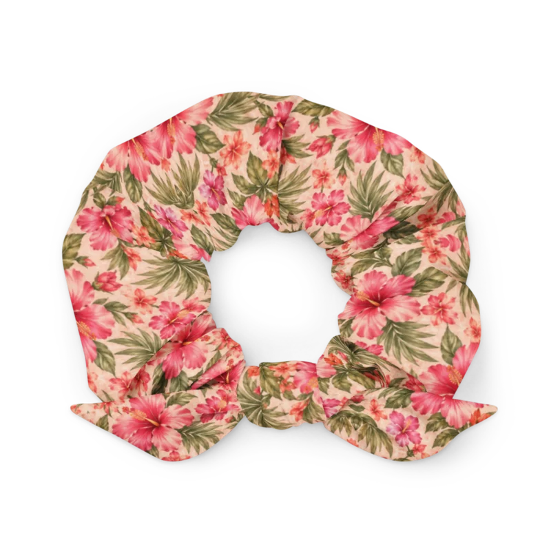 Fine-print scrunchie — Hibiscus Hour · fine print · lime logo, supplier mockup