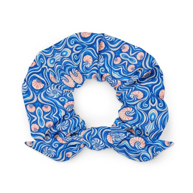 Fine-print scrunchie — Nautilus Current · fine print · lime logo, supplier mockup