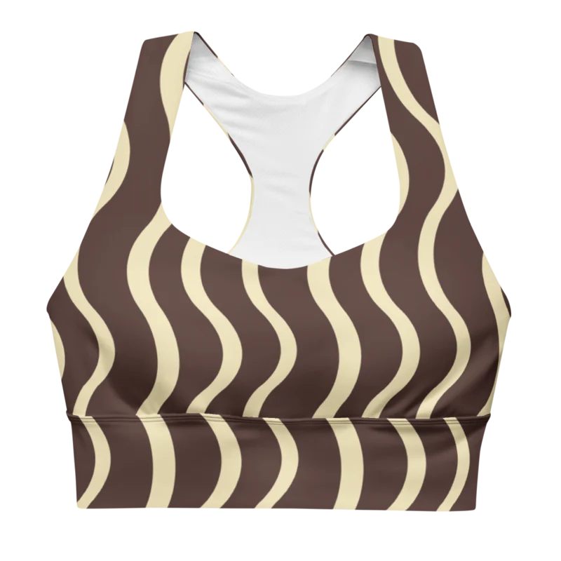 Longline sports bra in The Long Way, Chocolate & buttermilk — supplier product mockup