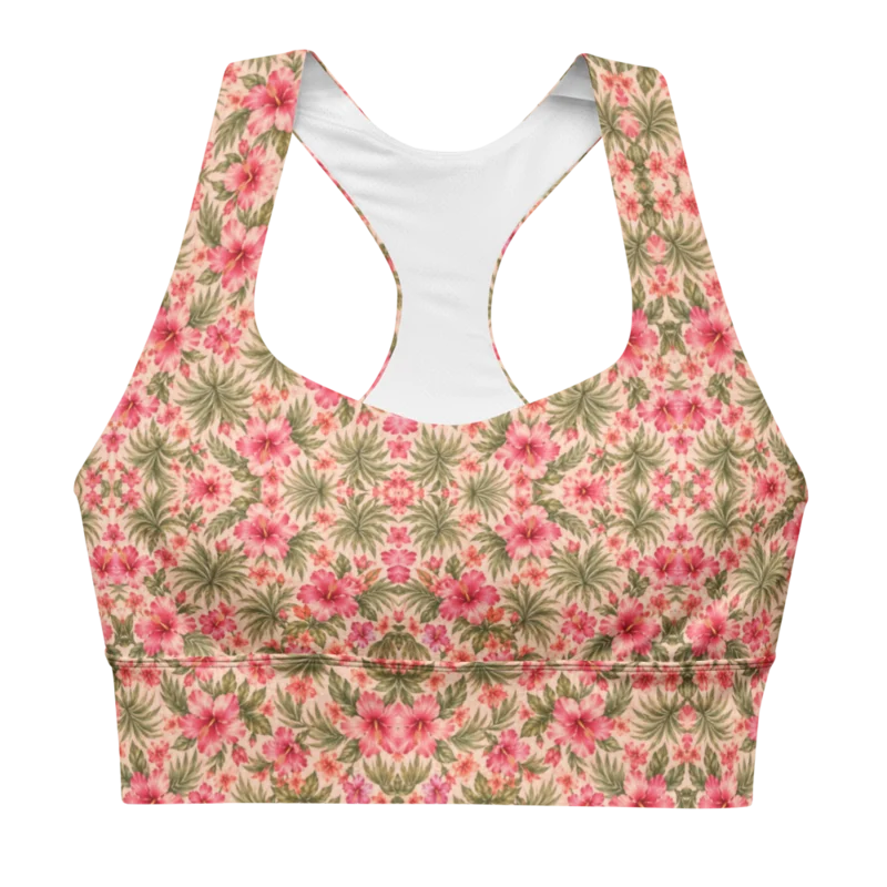 Adult sports bra — Hibiscus Hour · fine print · lime logo, supplier mockup
