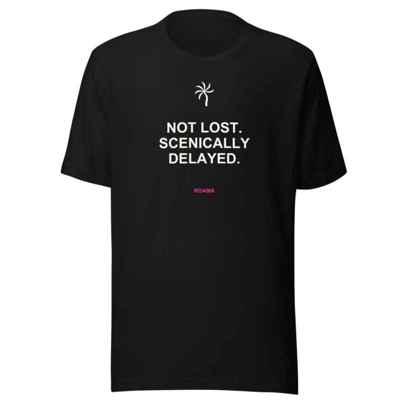 Quote tee in Not lost. Scenically delayed. · Black, Black — supplier product mockup