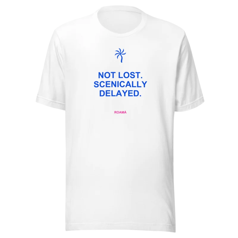 Quote tee in Not lost. Scenically delayed. · White, White — supplier product mockup