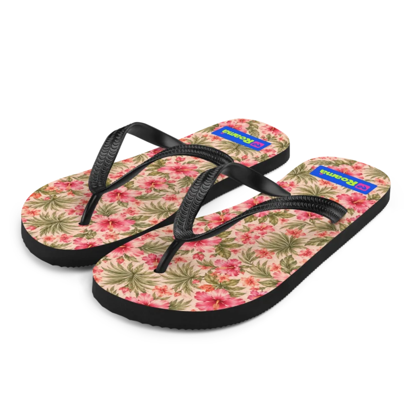 Beach thongs / flip-flops — Hibiscus Hour · fine print · lime logo, supplier mockup
