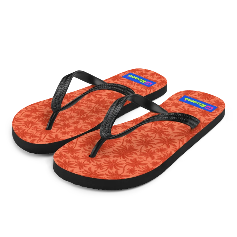 Beach thongs / flip-flops — Palm Afterglow · fine print · lime logo, supplier mockup