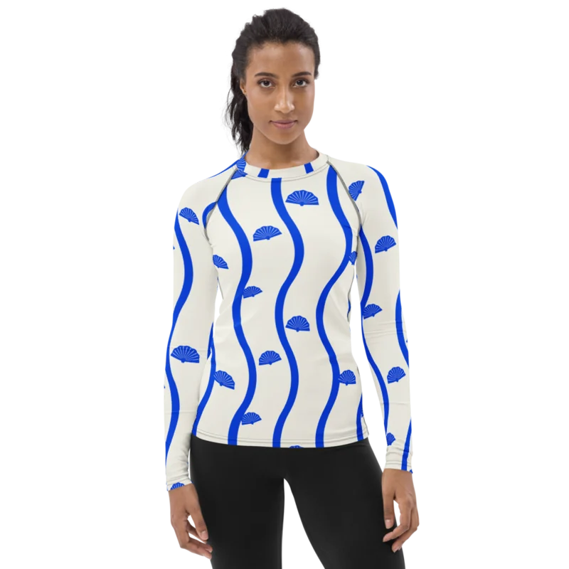 Women’s rash guard in Shell Detour, Cobalt & cream — supplier product mockup