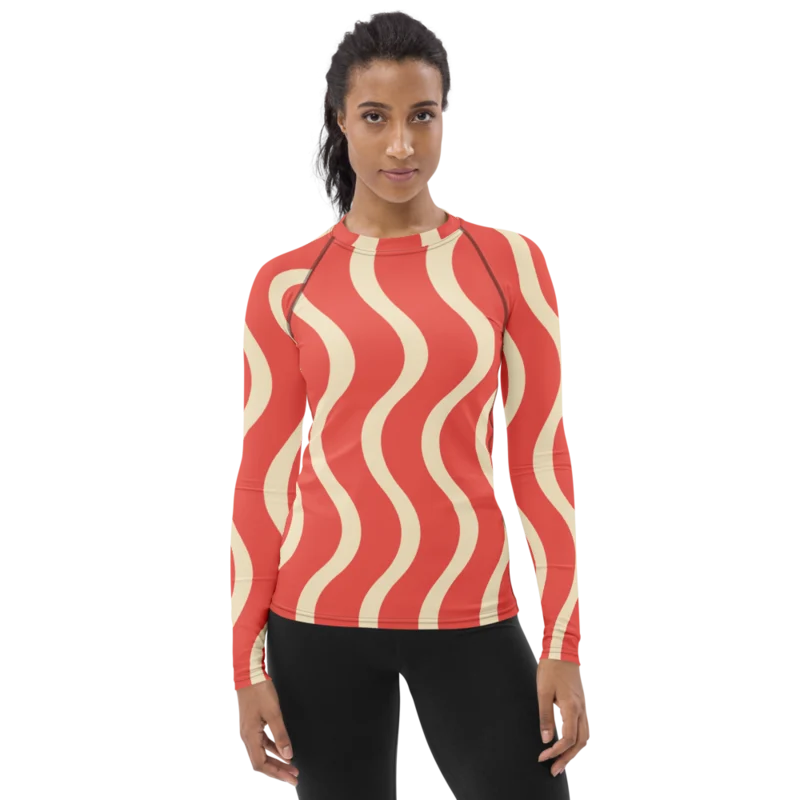 Women’s rash guard in Scenic Flow, Coral & cream — supplier product mockup