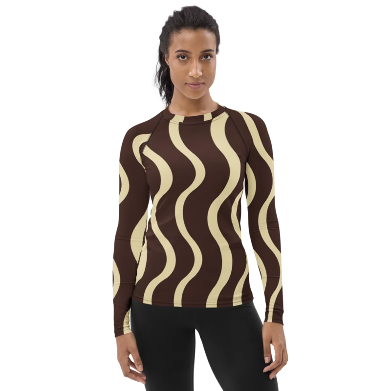 Women’s rash guard in The Long Way, Chocolate & buttermilk — supplier product mockup