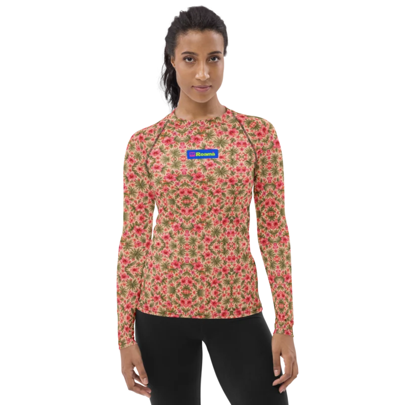 Women’s long-sleeve rashguard — Hibiscus Hour · fine print · lime logo, supplier mockup