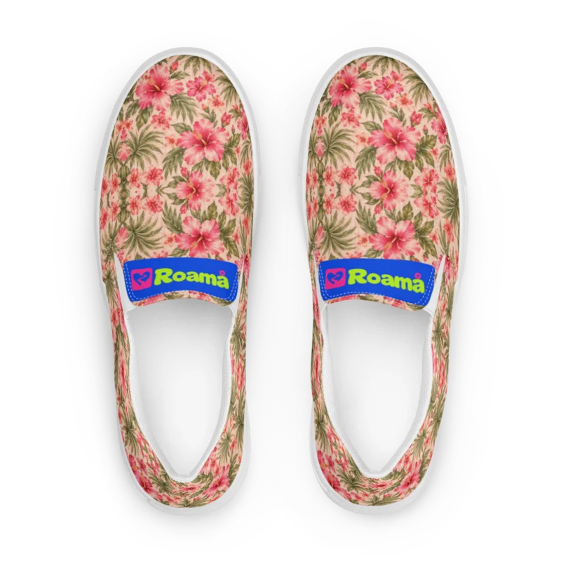 Women’s canvas slip-ons — Hibiscus Hour · fine print · lime logo, supplier mockup