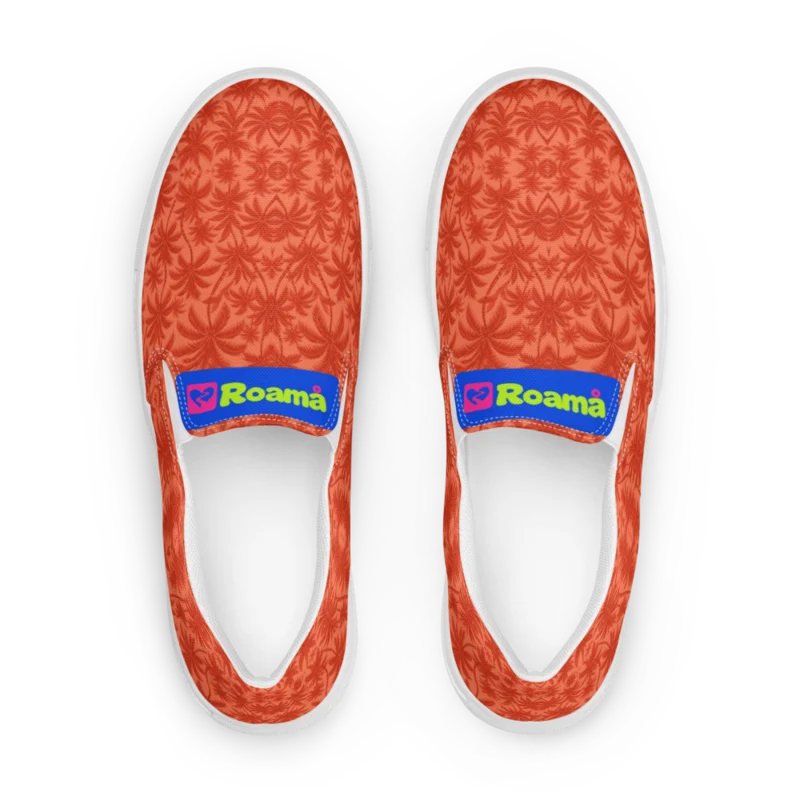 Women’s canvas slip-ons — Palm Afterglow · fine print · lime logo, supplier mockup